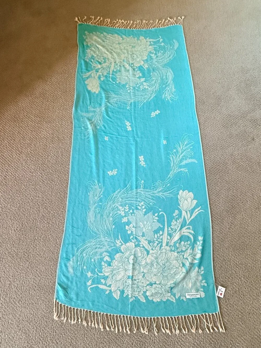 100% Pure Pashmina Wool Scarf Wrap Turquoise Blue Beige Floral Oversized Shawl